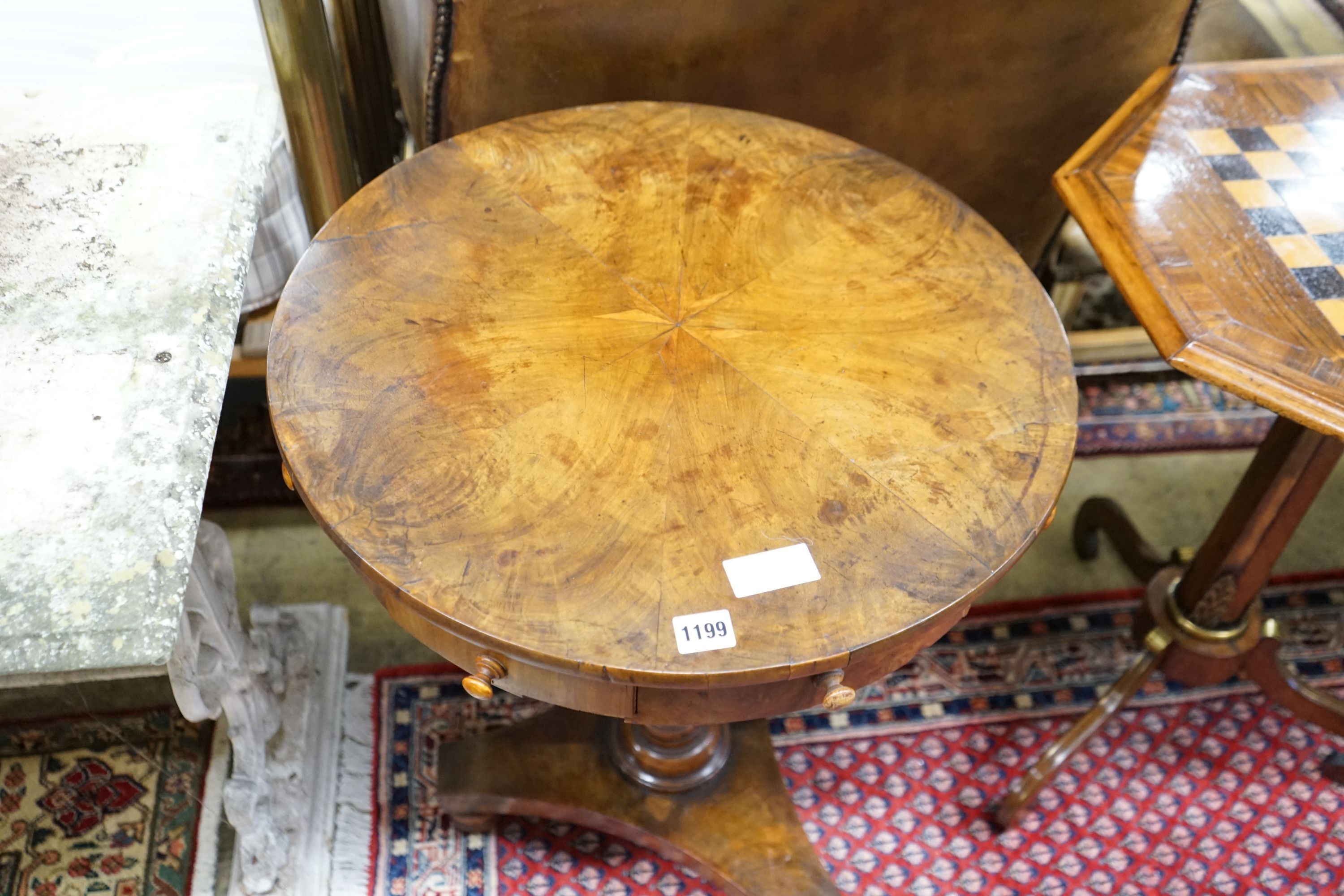 An early 19th century Maltese olive wood circular inlaid drum table, pedestal base, diameter 54cm, height 72cm